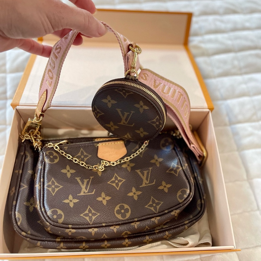 Louis Vuitton Brown Monogram Crossbody Bag with Pink Strap